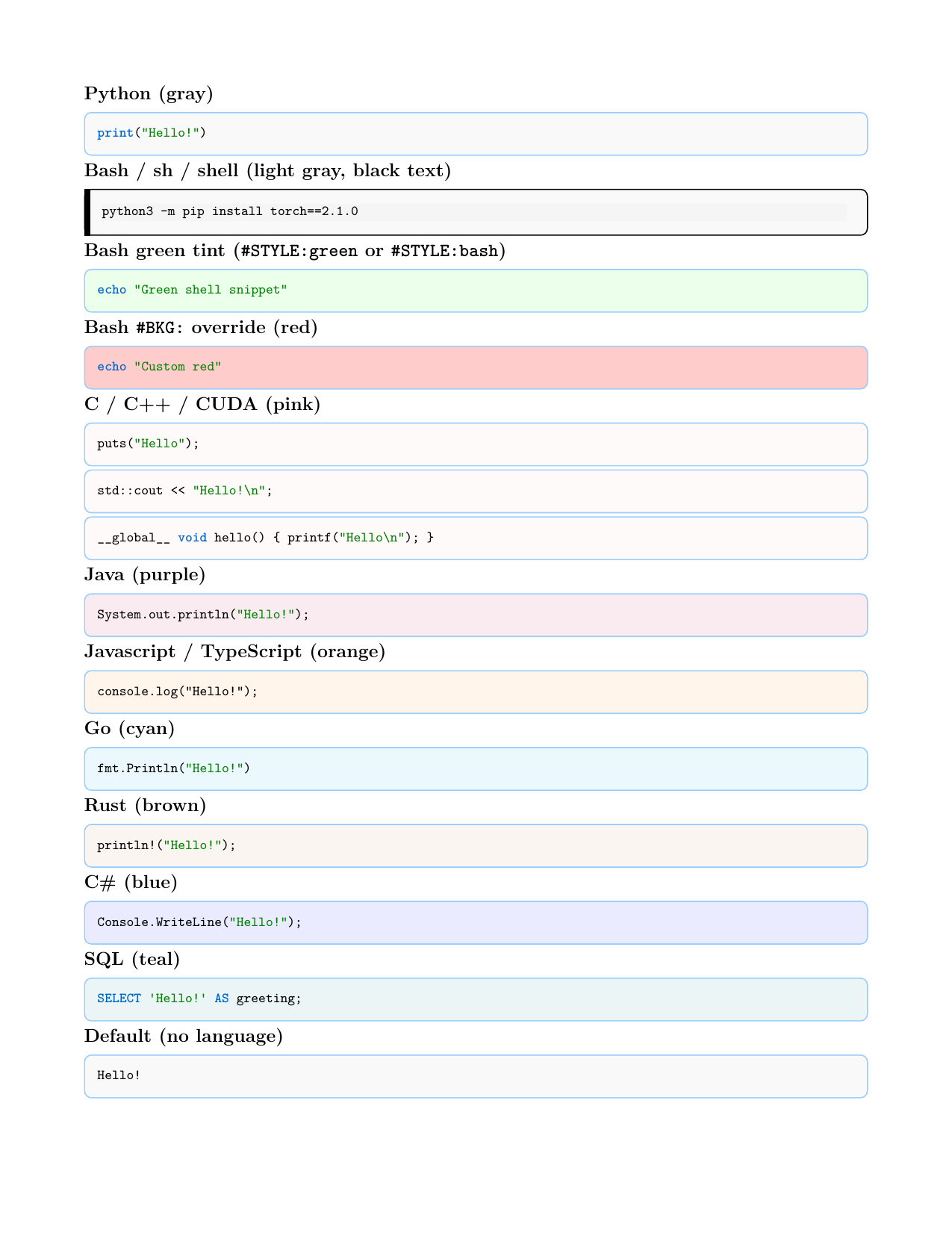 Code block styles in PDF: Python, bash, C++, Java, overrides, and terminal